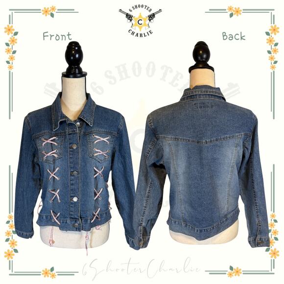 Y2K Goddess Trend Lace Up Jean Jacket Womens Size Medium Denim Blue Collared - Picture 1 of 6